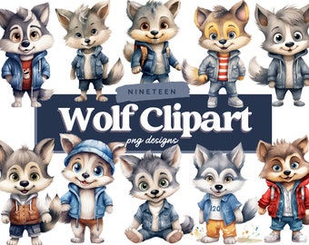Wolf Clipart Bundle, Wolf PNG, Cartoon Wolf, Watercolor Clipart, Commercial Use, Illustrations, Digital Design, Clip Art, Cute Wolves