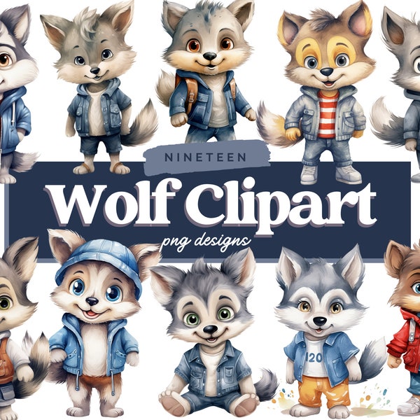 Wolf Clipart Bundle, Wolf PNG, Cartoon Wolf, Watercolor Clipart, Commercial Use, Illustrations, Digital Design, Clip Art, Cute Wolves