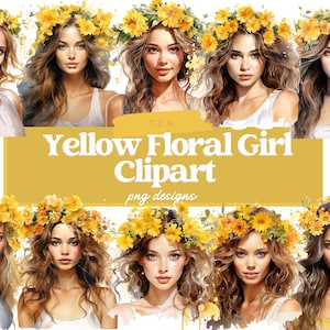 Acuarela amarillo floral chica clipart, floral chica PNG, amarillo floral clipart, elementos de imágenes prediseñadas, verano chica PNG, álbum de recortes, uso comercial