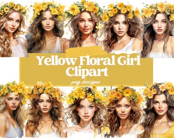 Acuarela amarillo floral chica clipart, floral chica PNG, amarillo floral clipart, elementos de imágenes prediseñadas, verano chica PNG, álbum de recortes, uso comercial