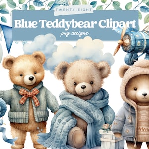 Aquarelle ours en peluche Clip Art Clipart Pack, Baby Shower pour un garçon, Clipart à usage commercial, PNG transparents, bleu avion ballons