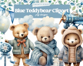Watercolor Teddy Bear Clip Art Clipart Pack, Baby Shower for a boy, Clipart for commercial use, Transparent PNGs, Blue Aeroplane Balloons