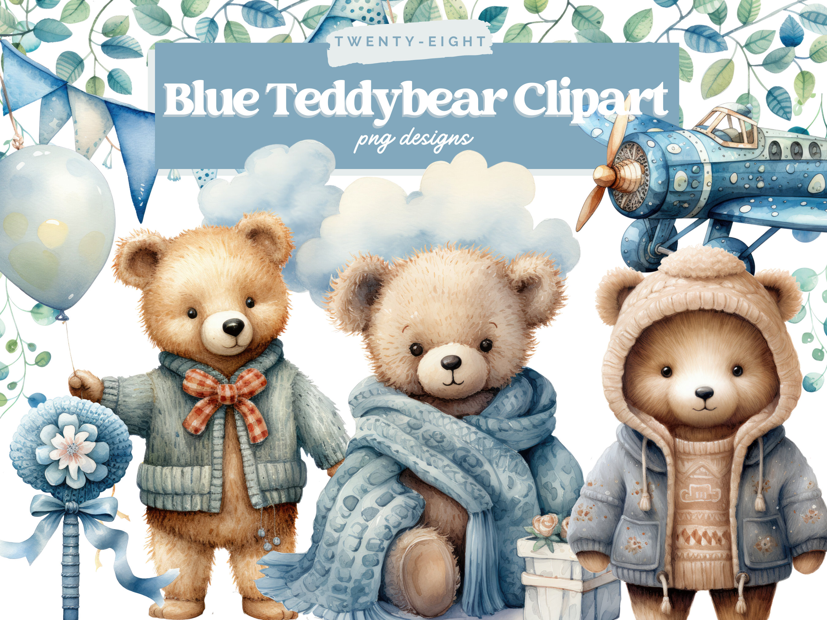 Watercolor Teddy Bear Clip Art Clipart Pack, Baby Shower for a Boy ...