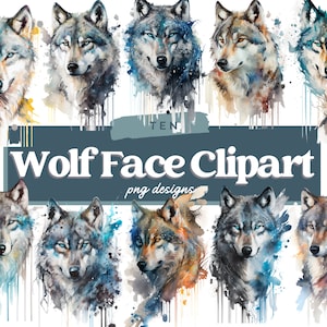 Puede incluir: Diez imágenes de clipart de cara de lobo en acuarela. Cada cara de lobo está pintada en tonos de azul, gris y marrón con un fondo de acuarela.