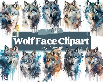 Watercolor Wolf Face Clipart, Wolf Clipart, Wolf Face Digital Image, Wolf Clipart Bundle, Wolf Graphic, Commercial Use, Digital Download