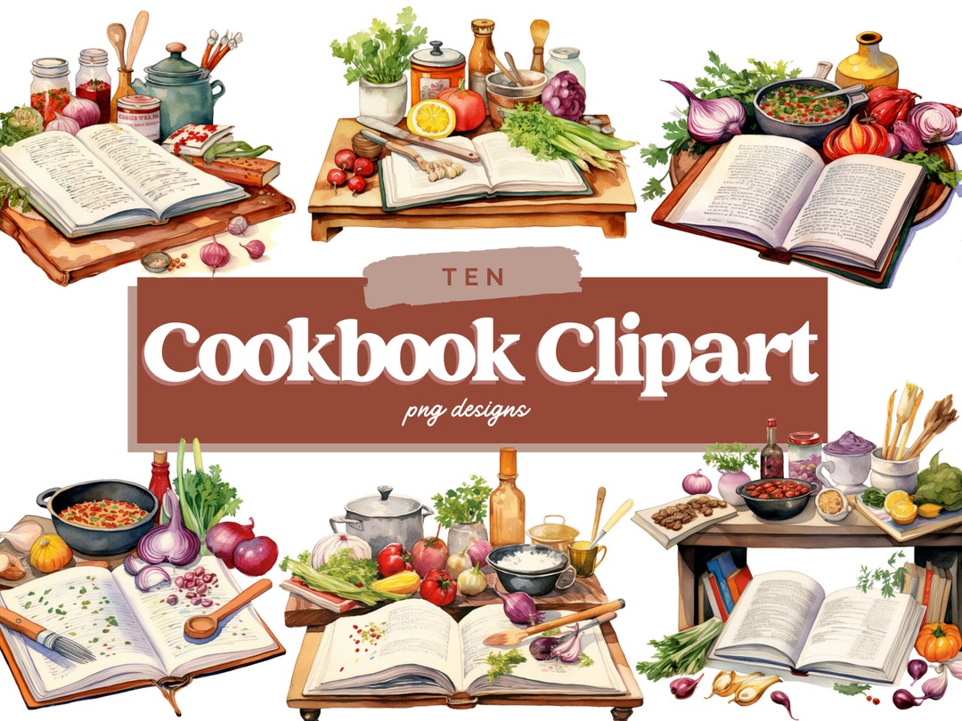 Watercolor Cookbook Clipart, Kitchen Clipart, Cookbook PNG, Cookbook