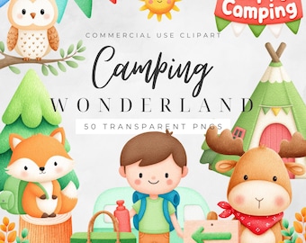 Lindo paquete de imágenes prediseñadas de camping, actividades al aire libre, naturaleza, aventura, vacaciones, montaña, bosque, animales, kayak, tienda de campaña, equipo para niños.