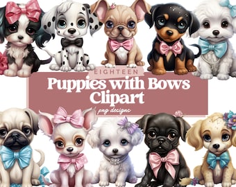 Watercolor Puppies with Bows Clipart - Kawaii Dog PNG Digital Image Downloads for Card Making, Scrapbook, Junk Journal, Paper Crafts