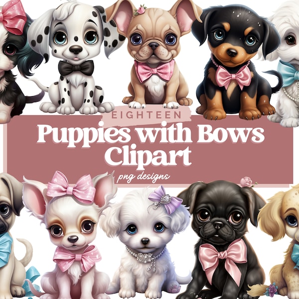 Watercolor Puppies with Bows Clipart - Kawaii Dog PNG Digital Image Downloads for Card Making, Scrapbook, Junk Journal, Paper Crafts