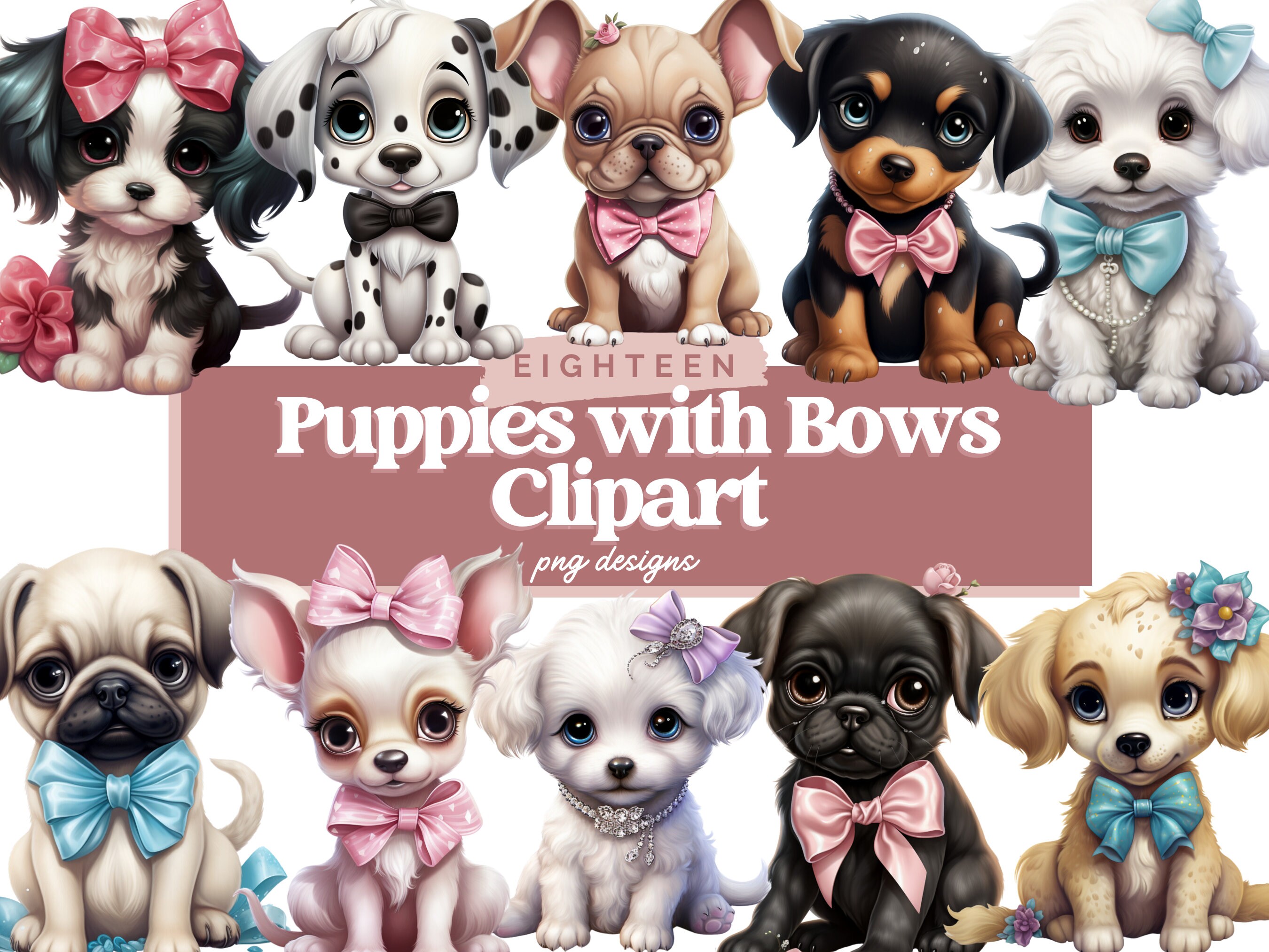 Watercolor Puppies With Bows Clipart - Kawaii Dog PNG Digital Image ...