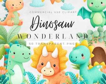 Cute Watercolor Dinosaur Clipart for Nursery Decor, Baby Shower and Birthday Party PNGs, T-Rex Dino Egg Graphic Illustrations for Kids