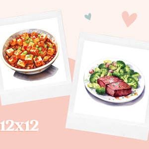 K&ouml;nnte beinhalten: Zwei Aquarell-Illustrationen von verschiedenen Mahlzeiten. Die erste ist eine Sch&uuml;ssel Mapo Tofu mit brauner Sauce und Fr&uuml;hlingszwiebeln. Die zweite ist ein Teller Steak mit Brokkoli und brauner Sauce.