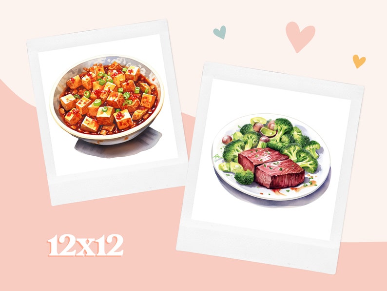 K&ouml;nnte beinhalten: Zwei Aquarell-Illustrationen von verschiedenen Mahlzeiten. Die erste ist eine Sch&uuml;ssel Mapo Tofu mit brauner Sauce und Fr&uuml;hlingszwiebeln. Die zweite ist ein Teller Steak mit Brokkoli und brauner Sauce.