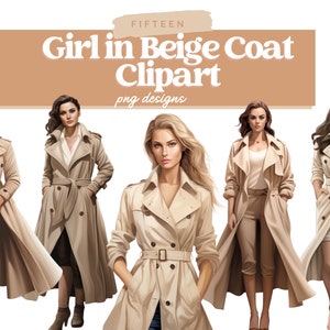 Akvarell flicka i beige kappa Clipart-paket, beige jacka PNG, kappa PNG, sublimering, PNG, scrapbooking, kommersiellt bruk, skräpjournal