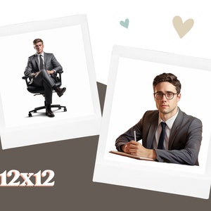 May include: Two men in suits, one sitting in a chair and the other sitting at a desk with a pen and notebook. The image is in a polaroid frame with hearts in the background.