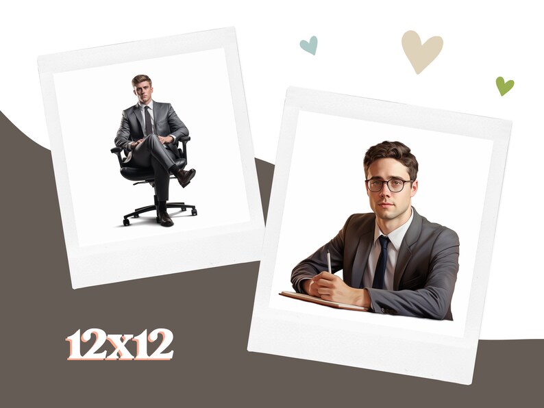May include: Two men in suits, one sitting in a chair and the other sitting at a desk with a pen and notebook. The image is in a polaroid frame with hearts in the background.