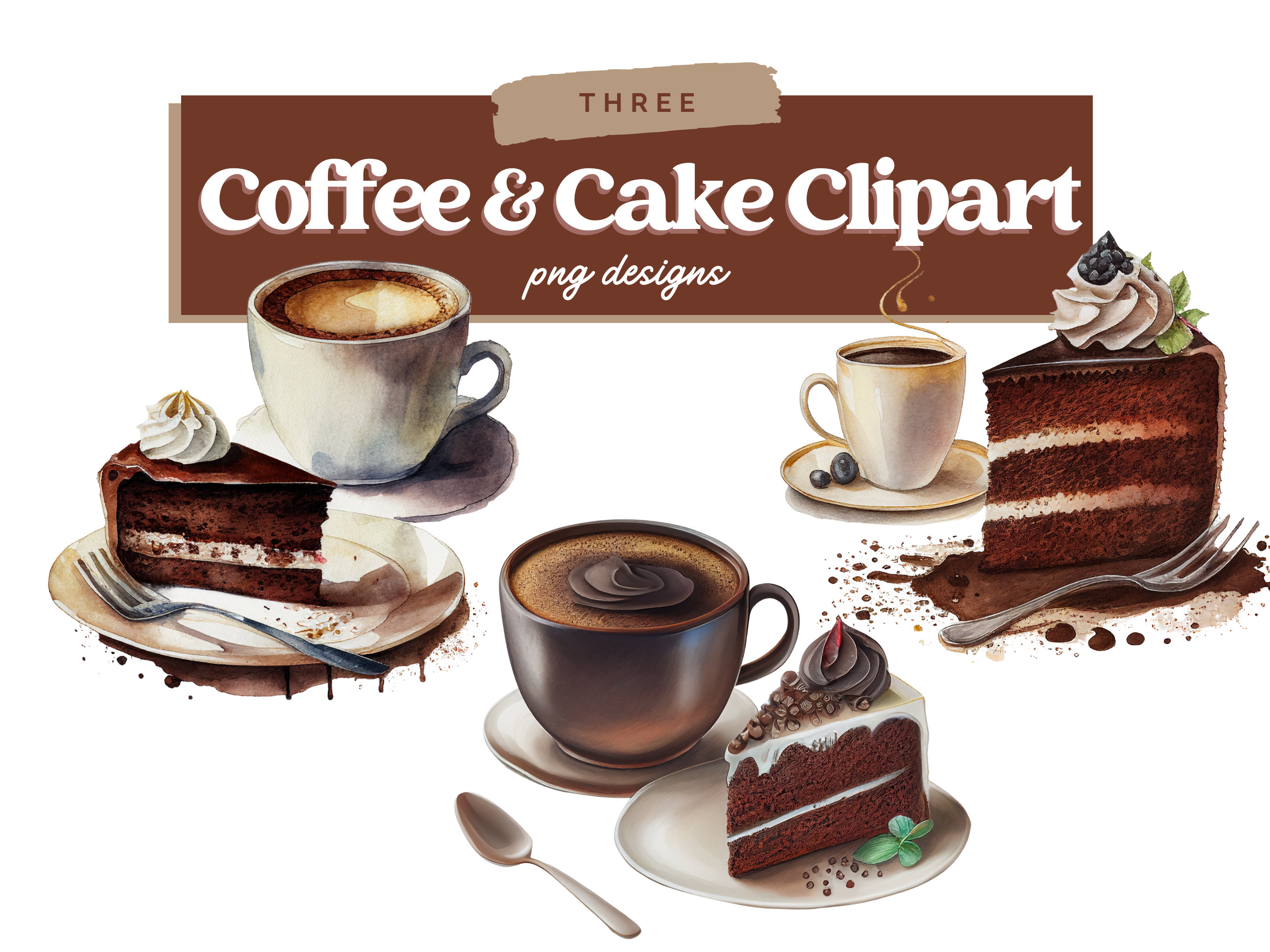 Watercolor Coffee and Cake Clipart, Coffee Clipart, Cake Clipart, Cup