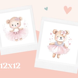May include: Two watercolor illustrations of brown teddy bears wearing pink tutus and flower headbands. The bears are surrounded by pink hearts and flowers. The illustrations are framed in white with a 12x12 inch label.