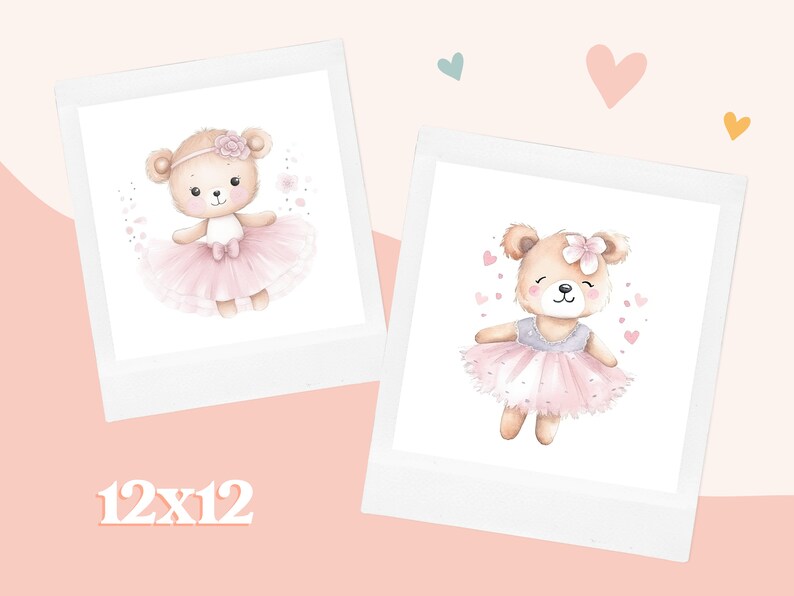 May include: Two watercolor illustrations of brown teddy bears wearing pink tutus and flower headbands. The bears are surrounded by pink hearts and flowers. The illustrations are framed in white with a 12x12 inch label.