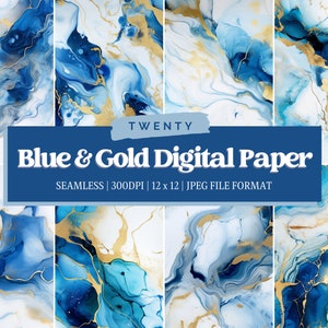 Blue and Gold Marble Digital Paper, Marble Digital Paper, Agate Digital Paper, Seamless Design, Blue and Gold Background, Commercial Use