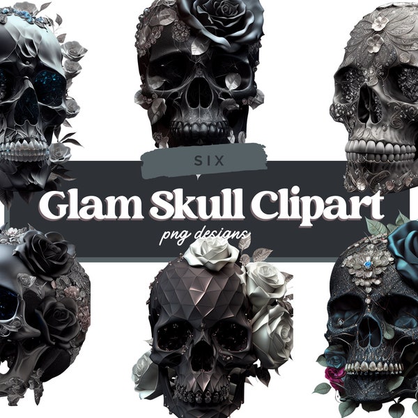 Glam Skull Clipart, Skull Floral Clipart, Glam Skull PNG, Realistic Skull Clipart, Instant Download, Full Commercial Use, PNG Clipart