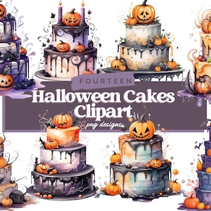 Aquarel Halloween Cakes PNG, Spooky Sublimation, Halloween Cake, Junk Journal Clipart, Digital Planner, Paper Craft, Halloween Clipart