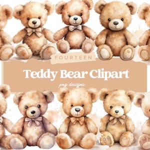 Pode incluir: Quatorze ilustrações de aquarela de ursos de pelúcia marrons com laços. Os ursos estão sentados com as patas na frente deles. O texto "Fourteen Teddy Bear Clipart png designs" está abaixo dos ursos.