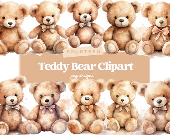 Watercolor Teddy bear PNG Clipart Bundle, Baby Shower Clipart, Vintage Teddy Bear, Cute Teddy, Cuddle Bear, Commercial Use, Instant Download