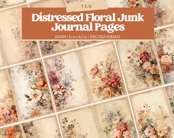 Distressed Floral Junk Journal Pages, Vintage Flower Junk Journal Kit, Junk Journal Printable Paper, Digital Collage Sheet, Instant Download