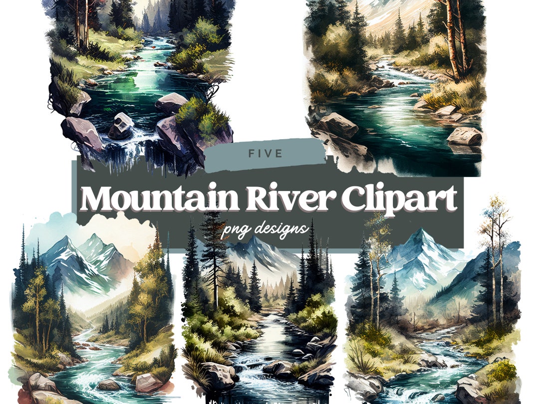 Mountain River Clipart, PNG, Watercolor Mountain River, Commercial Use, Mountain River Landscape