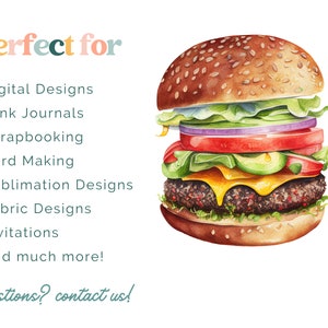Op de afbeelding: Waterverfillustratie van een kleurrijke hamburger met sla, tomaat, ui, avocado en kaas. De tekst "perfect for" staat boven de hamburger, gevolgd door een lijst met toepassingen voor de afbeelding, waaronder digitale ontwerpen, junk journals, scrapbooking, kaartmaken, sublimatieontwerpen, stofontwerpen, uitnodigingen en meer.