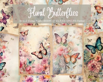 Floral Butterflies Junk Journal Kit, Vintage Journal, Digital Paper for Scrapbooking, Boho, Printable, Shabby Chic Pages, Instant Download