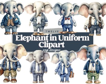 Elefante en imágenes prediseñadas uniformes, imágenes prediseñadas de elefante acuarela, imágenes prediseñadas de elefante escolar, imágenes prediseñadas de animales, decoración de guardería, paquete PNG de elefante