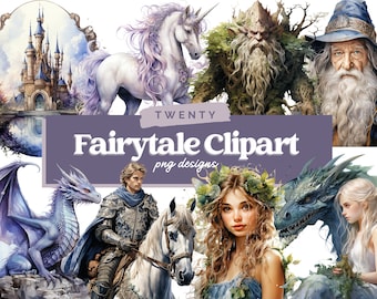 Watercolour Fairytale Clipart - Unicorn Fantasy PNG Digital Image Downloads for Card Making, Scrapbook, Junk Journal, Paper Crafts