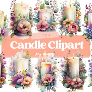 Watercolor Candle Clipart, Floral Candle Clipart, Candle sublimation, Watercolor Candle Bundle, Candle Digital Images, Commercial Use