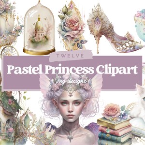 May include: A set of pastel princess themed clipart images. The set includes a carriage, a fairy, a house, a cat, a glass slipper, a bottle, a glass, and a book stack. The images are in a watercolor style and feature pastel colors.