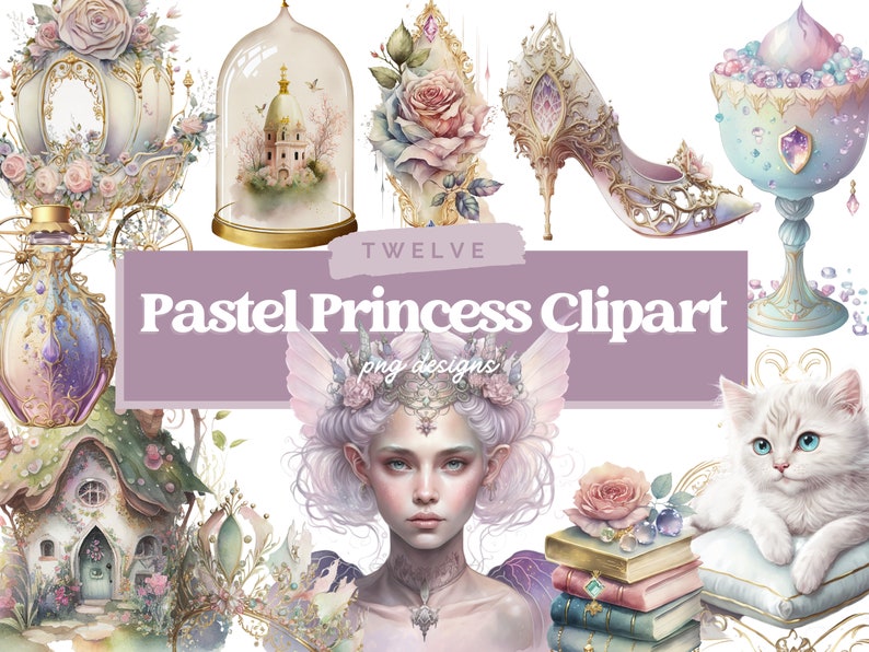 May include: A set of pastel princess themed clipart images. The set includes a carriage, a fairy, a house, a cat, a glass slipper, a bottle, a glass, and a book stack. The images are in a watercolor style and feature pastel colors.