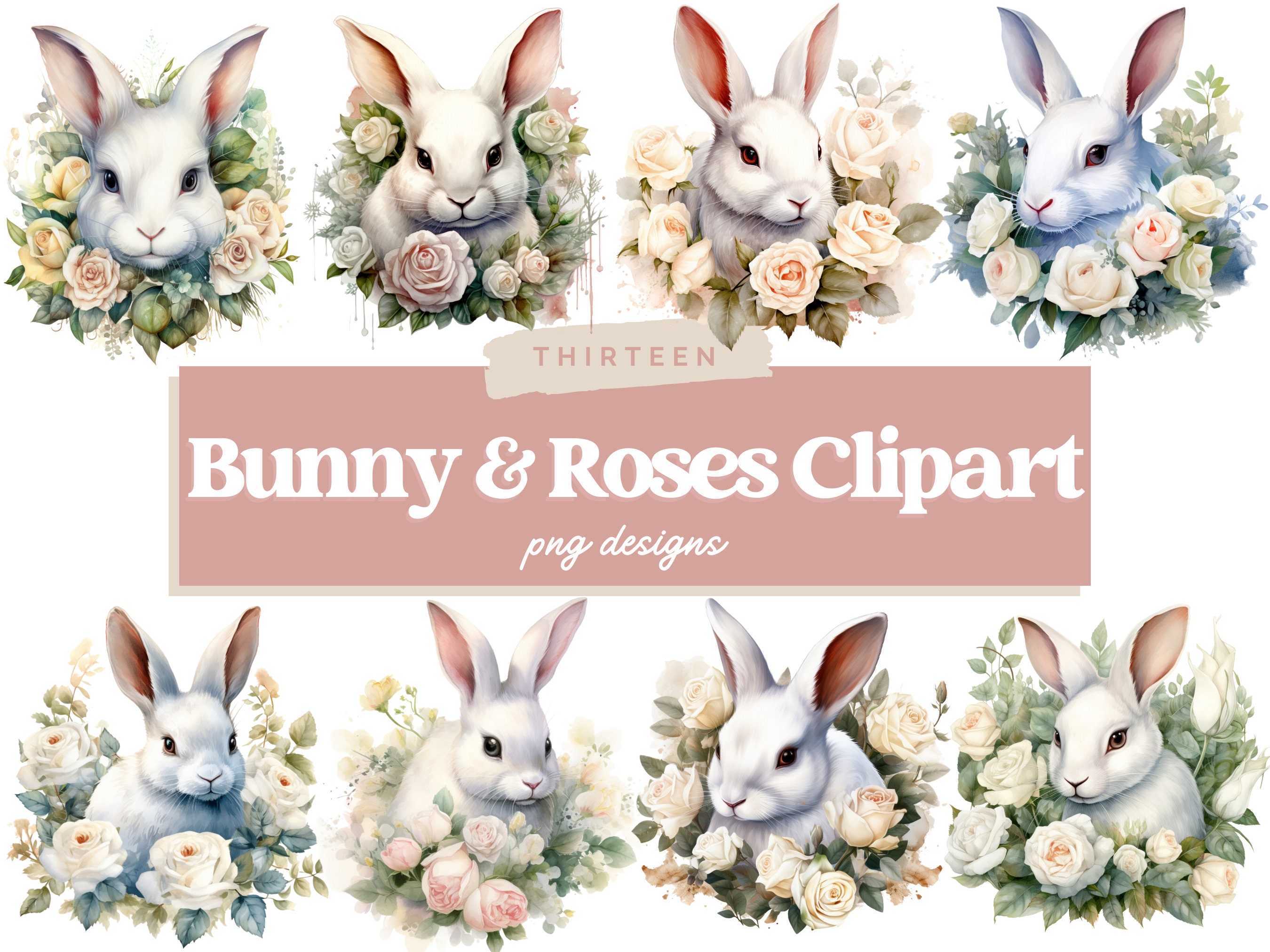Rabbit and Red Roses Clipart PNG Commercial Use Bunny - Etsy