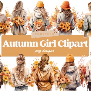 Pacote de clipart aquarela outono menina, outono clipart, florais de outono, sublimação, outono PNG, outono PNG, scrapbooking, uso comercial