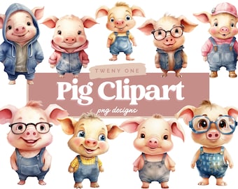 Pig Clipart Bundle, Pig PNG, Cartoon Pig, Watercolor Clipart, Commercial Use Pig Illustrations, Digital Design, Clip Art, Cute Pigs