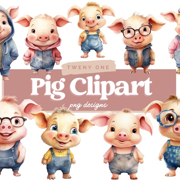 Pig Clipart Bundle, Pig PNG, Cartoon Pig, Watercolor Clipart, Commercial Use Pig Illustrations, Digital Design, Clip Art, Cute Pigs