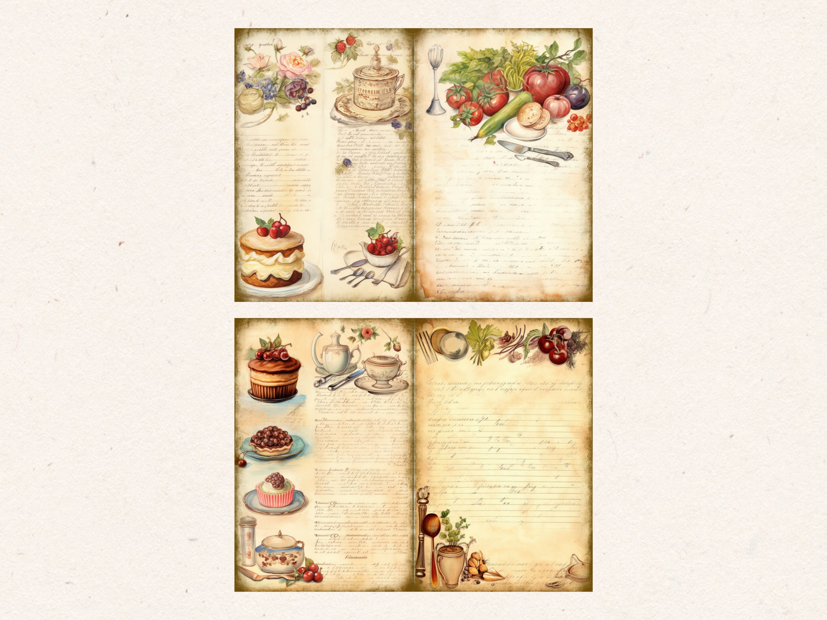 Vintage Cookbook Junk Journal Pages, Digital Scrapbook Paper Kit ...