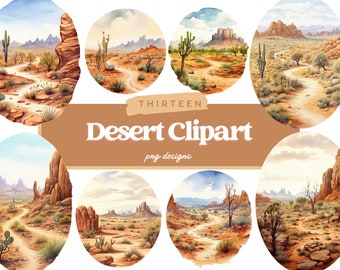 Watercolor Desert Clipart Bundle, PNG, Desert PNG, Commercial Use, Desert Sublimation, Desert Graphics, Digital Download, Desert Scenery PNG