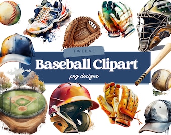 Watercolor Baseball Clipart, Baseball Clipart PNG, Digital Clipart, Baseball Clipart Bundle, Commercial Use, Baseball Graphics, Digital File