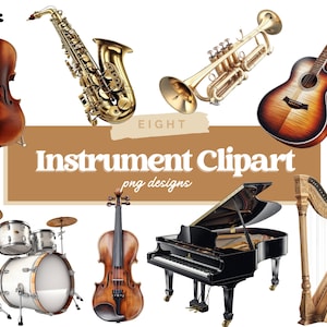 Watercolor Musical Instruments Clipart - Orchestra Download - Instant Download - Brass - Woodwind - Trumpet - Guitar - Piano
