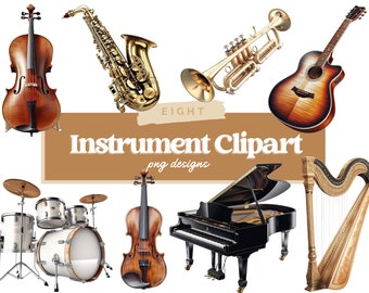 Watercolor Musical Instruments Clipart - Orchestra Download - Instant Download - Brass - Woodwind - Trumpet - Guitar - Piano