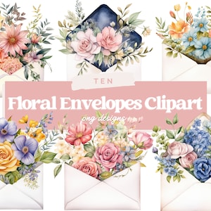 Sobres con flores clipart, imágenes prediseñadas de sobres florales, imágenes prediseñadas de correo, imágenes prediseñadas de cartas, gráficos de sobres, diario basura, sublimación floral