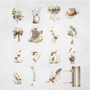 May include: Watercolor illustrations of various country-themed elements. The image includes a cowboy hat, boots, bows, bouquets, and ducks. The color palette features soft greens, browns, and creams, creating a rustic and charming aesthetic.