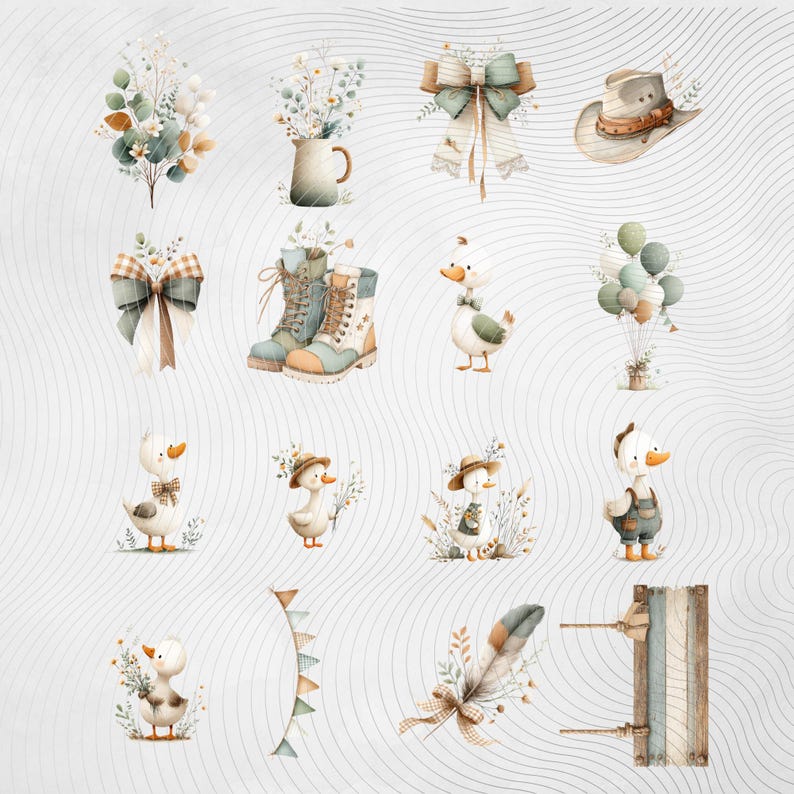 May include: Watercolor illustrations of various country-themed elements. The image includes a cowboy hat, boots, bows, bouquets, and ducks. The color palette features soft greens, browns, and creams, creating a rustic and charming aesthetic.