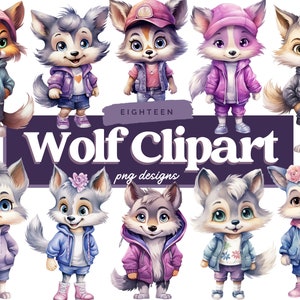 Paquete de imágenes prediseñadas de lobo, PNG de lobo, lobo de dibujos animados, imágenes prediseñadas de acuarela, uso comercial, ilustraciones, diseño digital, imágenes prediseñadas, lobos lindos